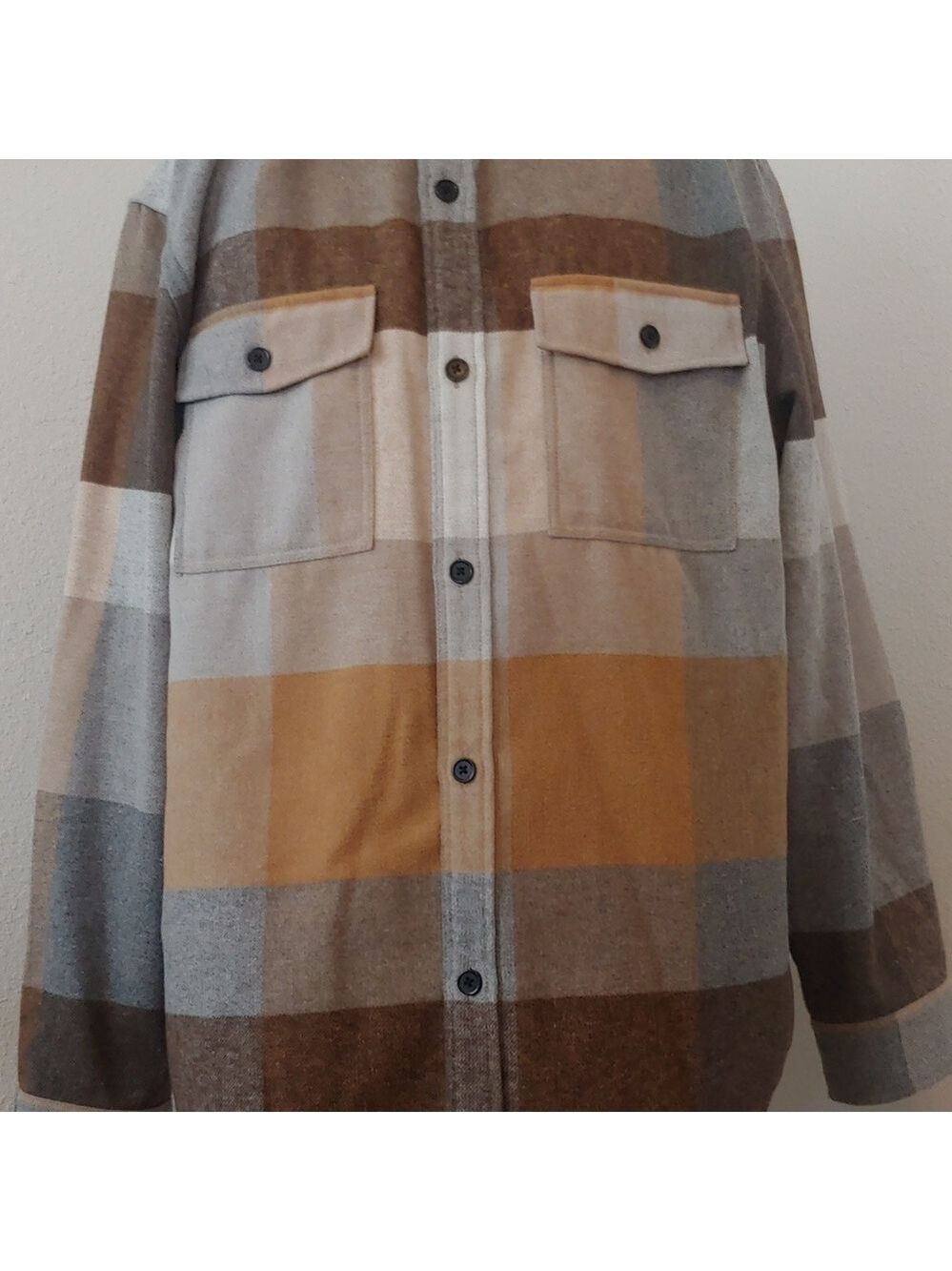 Men's Plaid Polyester Blend Button Shirt Brown, Tan, XL - Picture 4 of 15